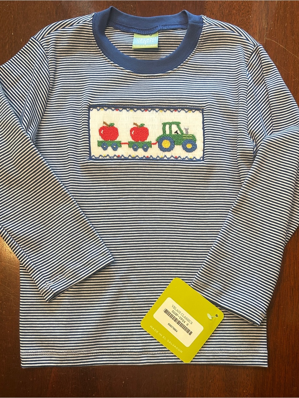 Elan Navy & White Striped Long-Sleeve Shirt with Tractor & Apples
